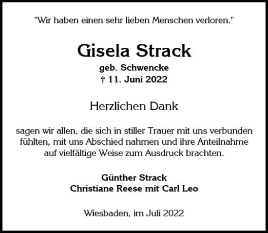 Traueranzeige von Gisela Strack von vrm-trauer Wiesbadener Kurier