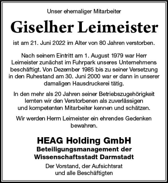 Traueranzeige von Giselher Leimeister von vrm-trauer Darmstädter Echo