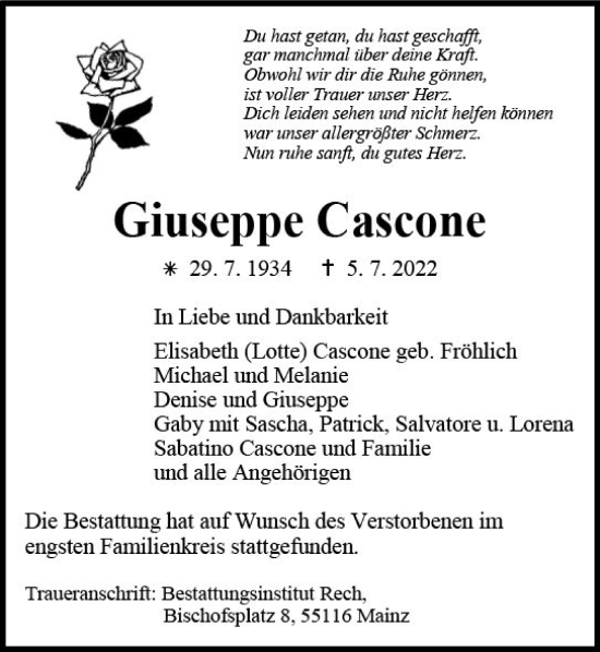 Traueranzeige von Giuseppe Cascone von vrm-trauer AZ Mainz