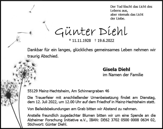 Traueranzeige von Günter Diehl von vrm-trauer AZ Mainz