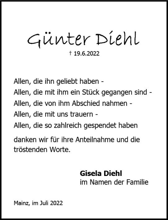 Traueranzeige von Günter Diehl von vrm-trauer AZ Mainz