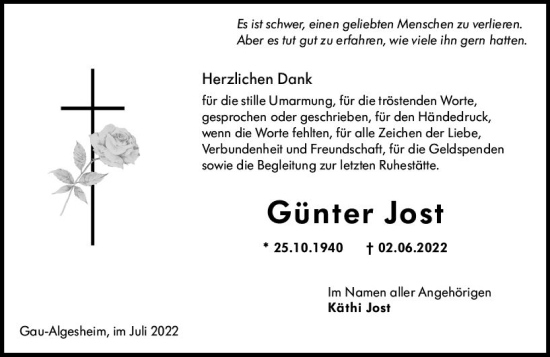 Traueranzeige von Günter Jost von vrm-trauer Allgemeine  Zeitung Ingelheim-Bingen