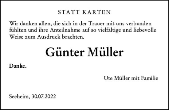 Traueranzeige von Günter Müller von vrm-trauer Darmstädter Echo