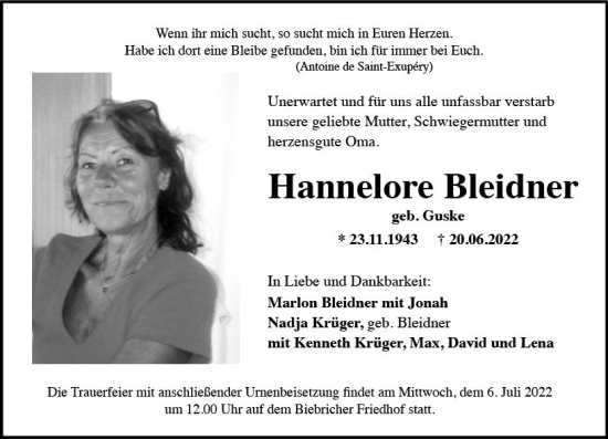 Traueranzeige von Hannelore Bleidner von vrm-trauer Wiesbadener Kurier