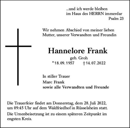 Traueranzeige von Hannelore Frank von vrm-trauer Rüsselsheimer Echo / MainSpitze