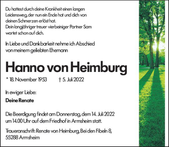 Traueranzeige von Hanno von Heimburg von vrm-trauer Allgemeine Zeitung Alzey