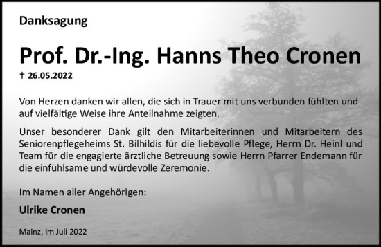 Traueranzeige von Hanns Theo Cronen von vrm-trauer AZ Mainz