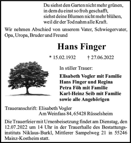 Traueranzeige von Hans Finger von vrm-trauer AZ Mainz