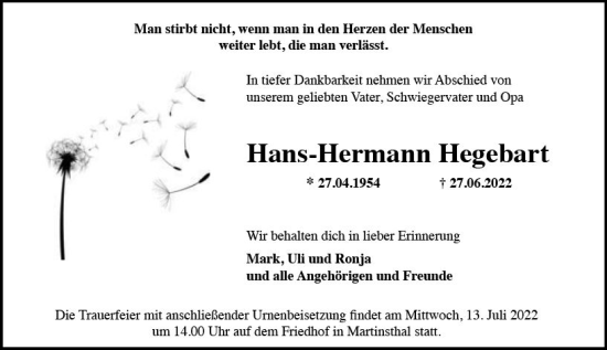 Traueranzeige von Hans-Hermann Hegebart von vrm-trauer Rheingau