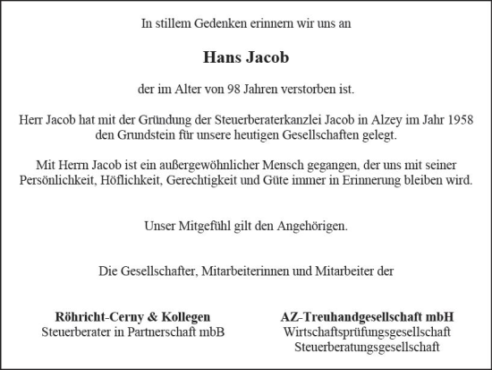 Traueranzeige von Hans Jacob von vrm-trauer Allgemeine Zeitung Alzey