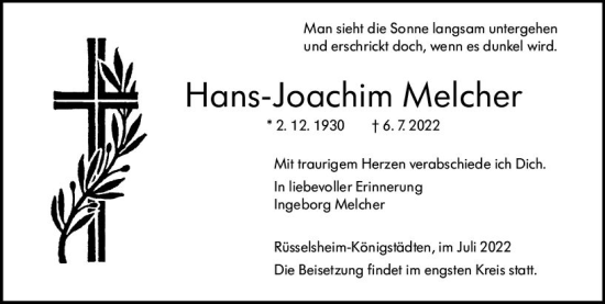 Traueranzeige von Hans-Joachim Melcher von vrm-trauer Rüsselsheimer Echo / MainSpitze