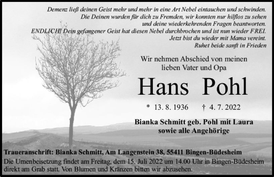 Traueranzeige von Hans Pohl von vrm-trauer Allgemeine  Zeitung Ingelheim-Bingen