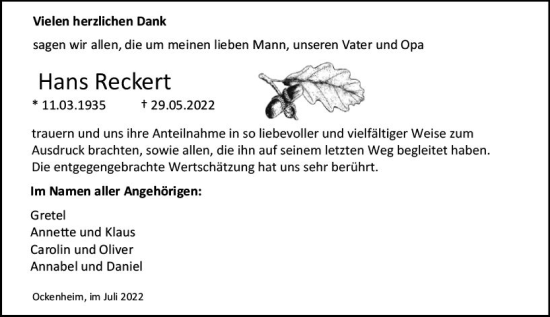 Traueranzeige von Hans Reckert von vrm-trauer Allgemeine  Zeitung Ingelheim-Bingen