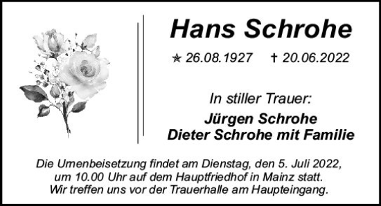 Traueranzeige von Hans Schrohe von vrm-trauer AZ Mainz