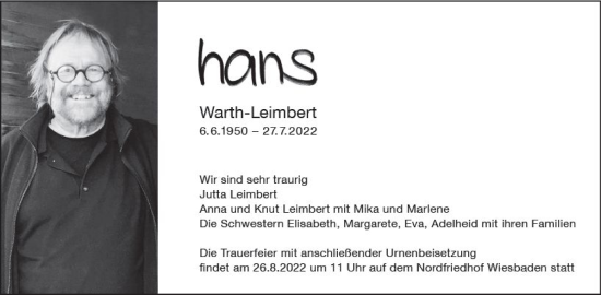 Traueranzeige von Hans Wart-Leimbert von vrm-trauer Wiesbadener Kurier