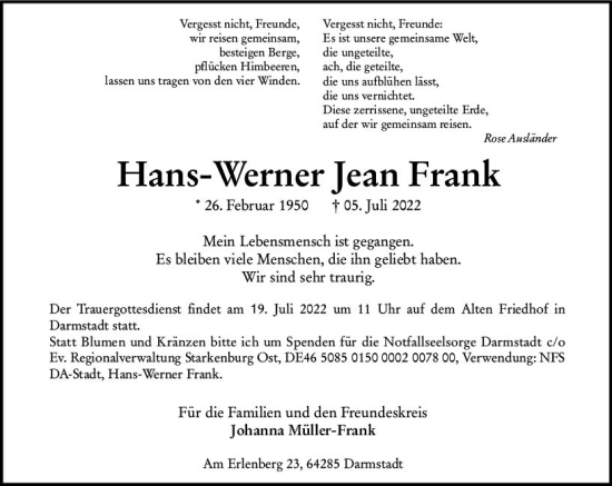 Traueranzeige von Hans-Werner Jean Frank von vrm-trauer Darmstädter Echo