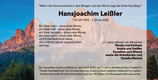 Traueranzeige von Hansjoachim Leißler von vrm-trauer Darmstädter Echo
