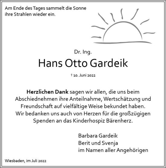 Traueranzeige von Hans Otto Gardeik von vrm-trauer Wiesbadener Kurier