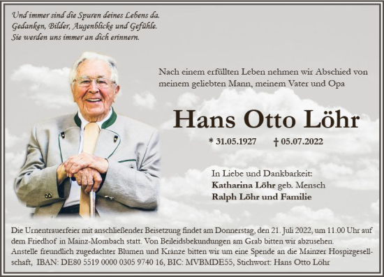 Traueranzeige von Hans Otto Löhr von vrm-trauer AZ Mainz