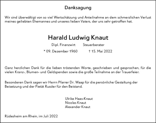 Traueranzeige von Harald Ludwig Knaut von vrm-trauer Wiesbadener Kurier