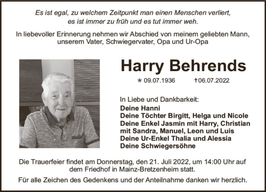 Traueranzeige von Harry Behrends von vrm-trauer AZ Mainz