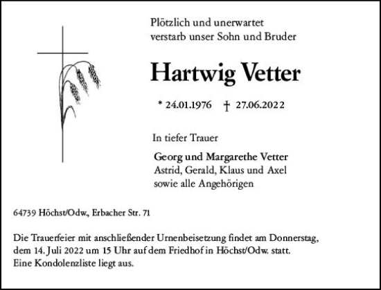 Traueranzeige von Hartwig Vetter von vrm-trauer Odenwälder Echo