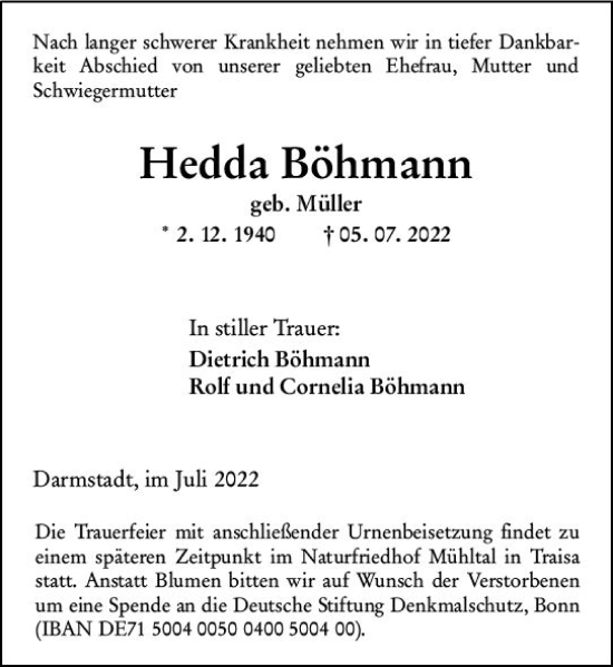 Traueranzeige von Hedda Böhmann von vrm-trauer Darmstädter Echo