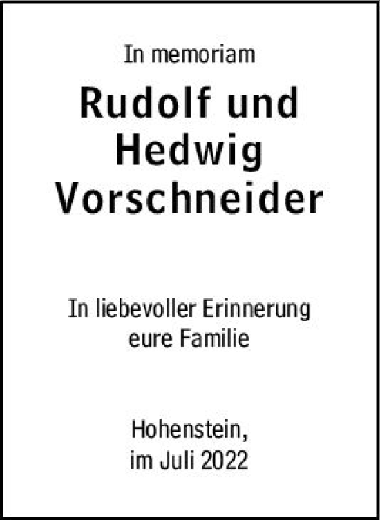 Traueranzeige von Hedwig Vorschneider von vrm-trauer Wiesbadener Kurier