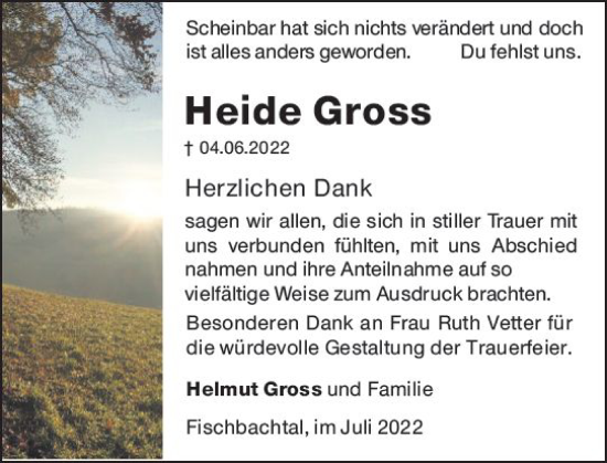 Traueranzeige von Heide Gross von vrm-trauer Darmstädter Echo