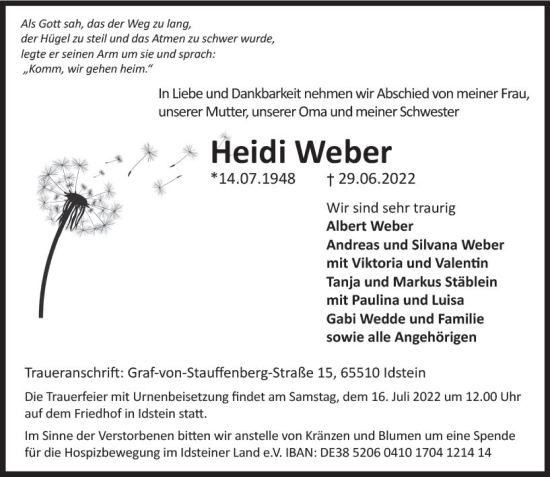 Traueranzeige von Heidi Weber von vrm-trauer Idsteiner Zeitung