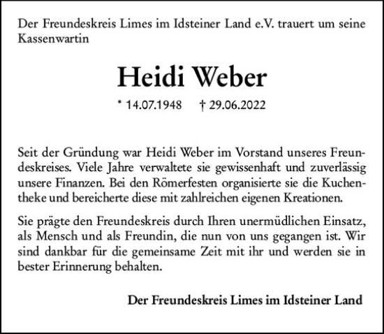 Traueranzeige von Heidi Weber von vrm-trauer Idsteiner Zeitung