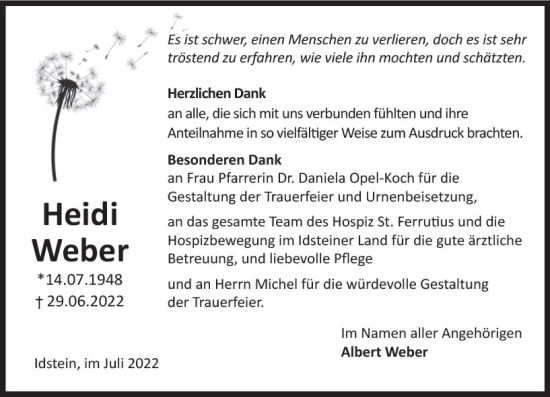 Traueranzeige von Heidi Weber von vrm-trauer Idsteiner Zeitung