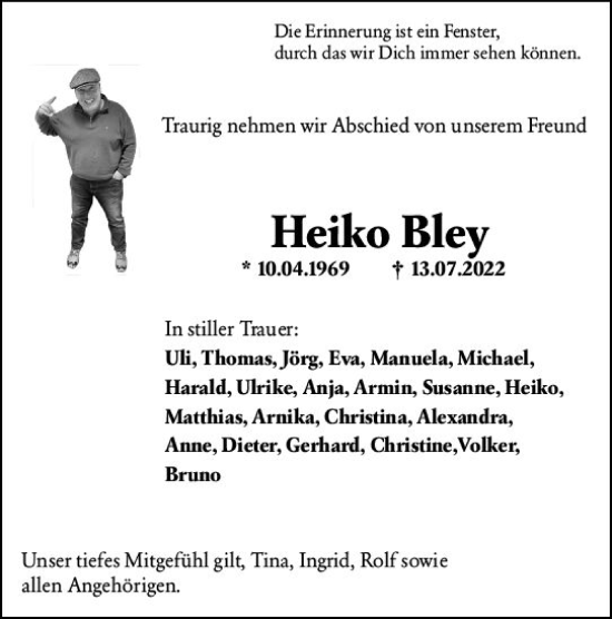 Traueranzeige von Heiko Bley von vrm-trauer Allgemeine Zeitung Alzey