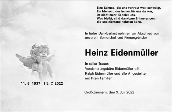 Traueranzeige von Heinz Eidenmüller von vrm-trauer DieburgerAnzeiger/Groß-Zimmerner Lokala