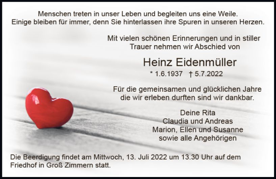 Traueranzeige von Heinz Eidenmüller von vrm-trauer DieburgerAnzeiger/Groß-Zimmerner Lokala