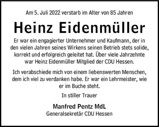 Traueranzeige von Heinz Eidenmüller von vrm-trauer DieburgerAnzeiger/Groß-Zimmerner Lokala