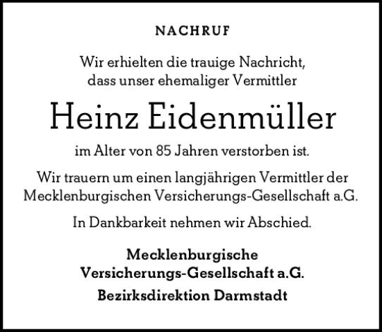 Traueranzeige von Heinz Eidenmüller von vrm-trauer DieburgerAnzeiger/Groß-Zimmerner Lokala