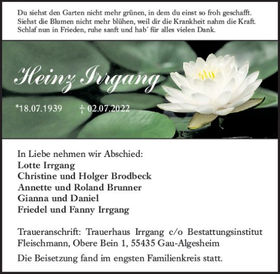 Traueranzeige von Heinz Irrgang von vrm-trauer Allgemeine  Zeitung Ingelheim-Bingen