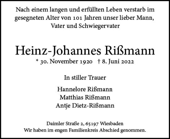 Traueranzeige von Heinz-Johannes Rißmann von vrm-trauer Wiesbadener Kurier