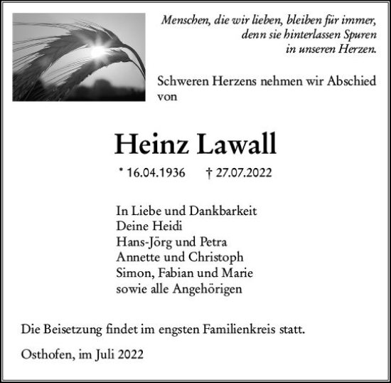 Traueranzeige von Heinz Lawall von vrm-trauer Wormser Zeitung