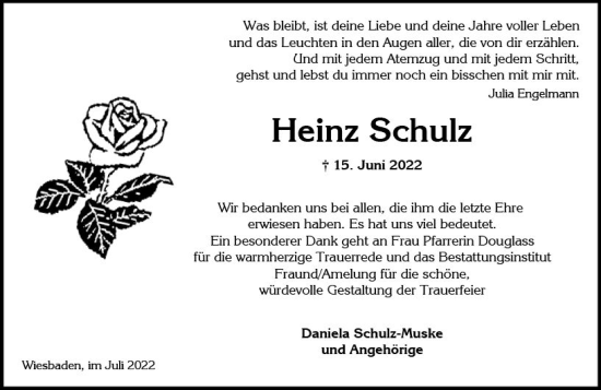 Traueranzeige von Heinz Schulz von vrm-trauer Wiesbadener Kurier