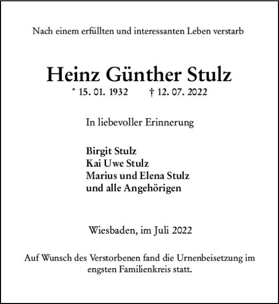Traueranzeige von Heinz Günther Stulz von vrm-trauer Wiesbadener Kurier