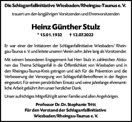 Traueranzeige von Heinz Günther Stulz von vrm-trauer Wiesbadener Kurier