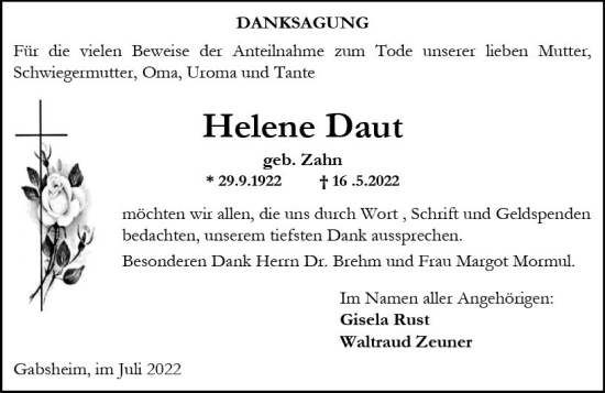 Traueranzeige von Helene Daut von vrm-trauer Allgemeine Zeitung Alzey