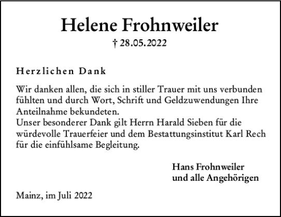 Traueranzeige von Helene Frohnweiler von vrm-trauer AZ Mainz
