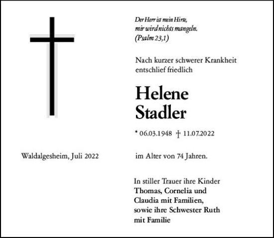 Traueranzeige von Helene Stadler von vrm-trauer Allgemeine  Zeitung Ingelheim-Bingen
