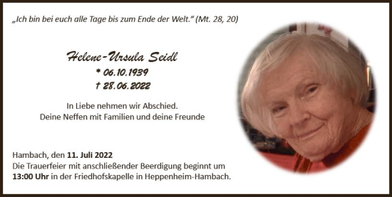 Traueranzeige von Helene-Ursula Seidl von vrm-trauer Bergsträßer Anzeiger