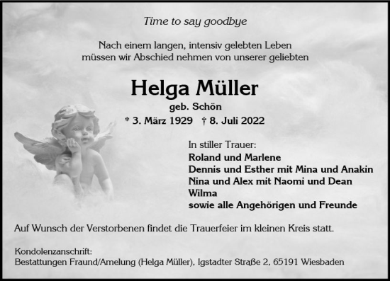 Traueranzeige von Helga Müller von vrm-trauer Wiesbadener Kurier