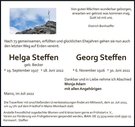 Traueranzeige von Helga Steffen von vrm-trauer Allgemeine Zeitung Alzey