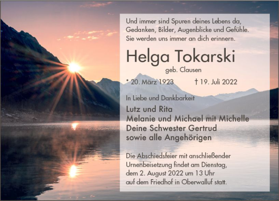 Traueranzeige von Helga Tokarski von vrm-trauer Wiesbadener Kurier